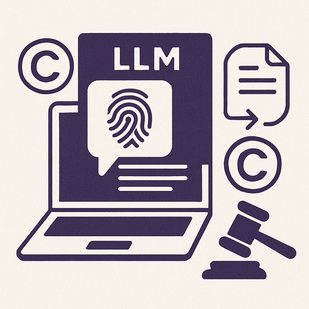 An LLM generating content with a fingerprint scanner and copyright symbols appearing. A gavel icon shows legal risks, while a document icon links to “original source