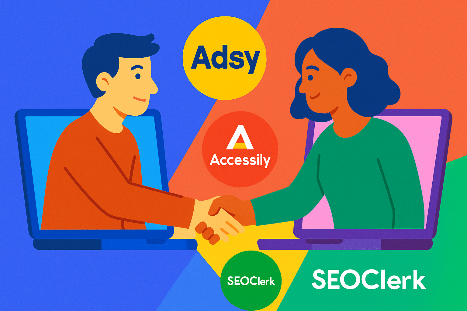 Two people shaking hands digitally via screens, with marketplace logos like Adsy, Accessily, and SEOClerk floating around.