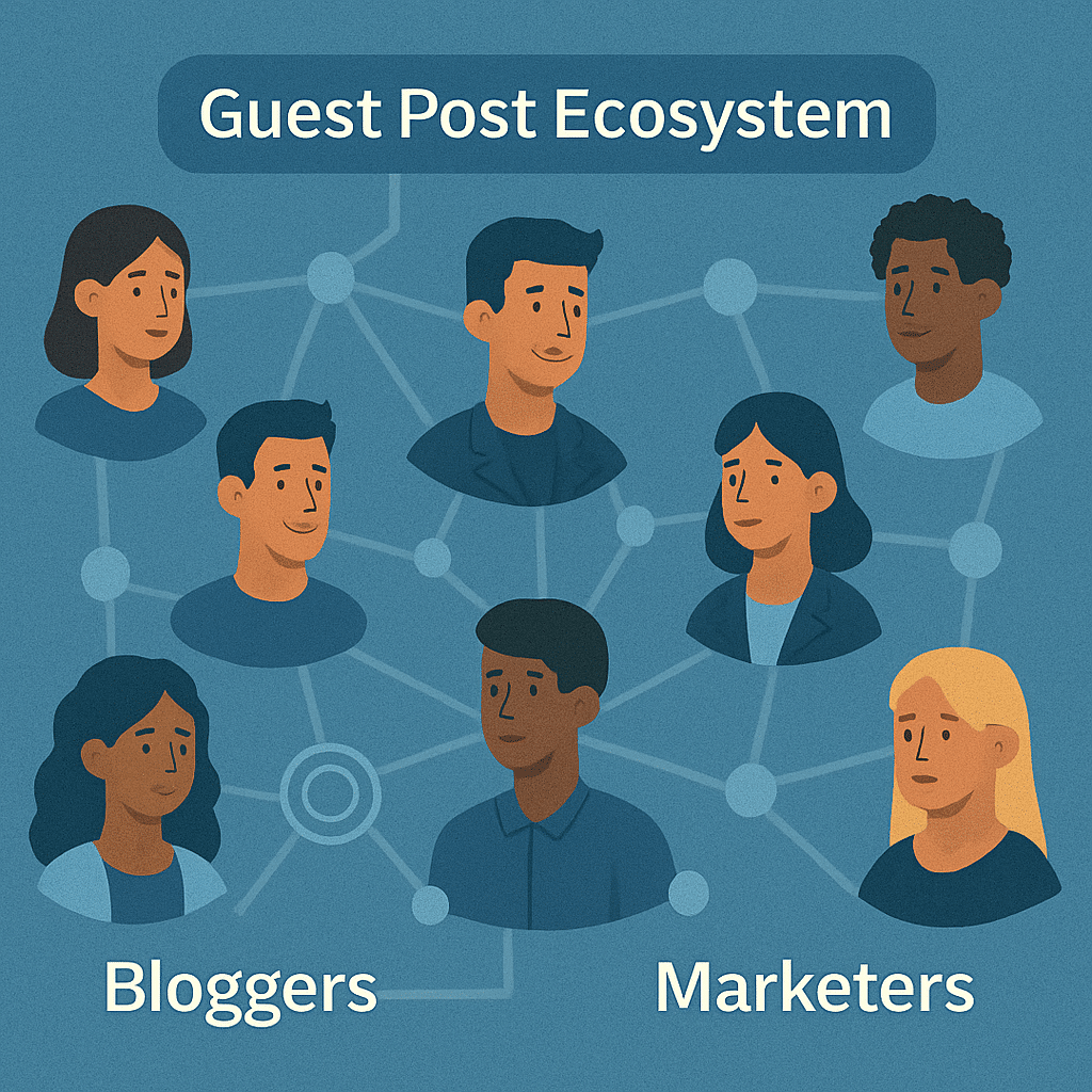 A network of bloggers and marketers connected by lines and nodes, symbolizing partnership and collaboration in the guest post ecosystem.