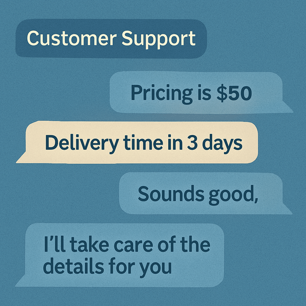 A customer support chat or email thread open, with speech bubbles showing clear pricing, delivery time, and service expectations