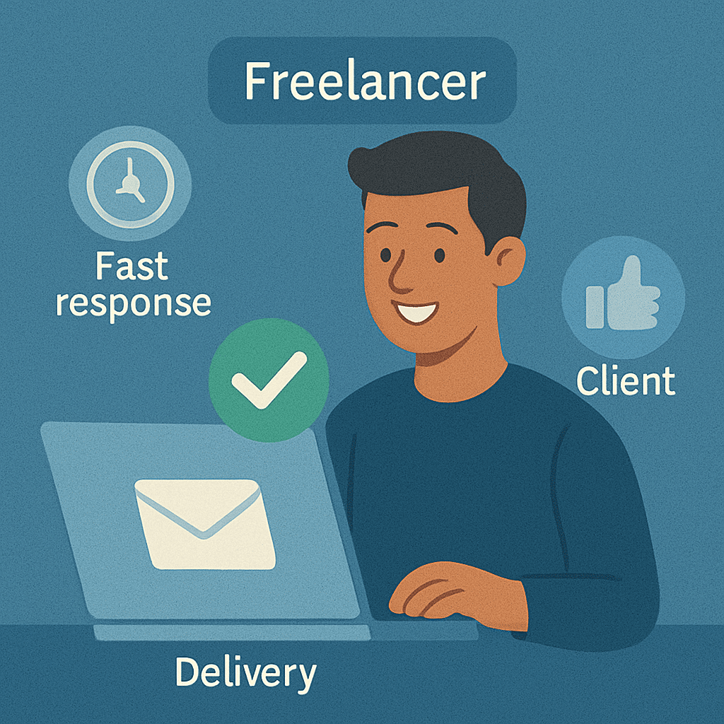 A smiling freelancer sending an email with a green check mark, and icons for fast response, delivery, and client thumbs-up.