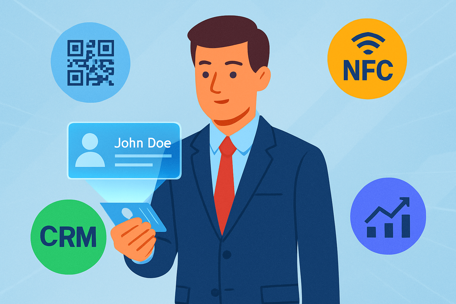 A digital business professional holding a holographic business card while icons like QR codes, NFC, CRM, and analytics orbit around. Clean, tech-focused, modern background.