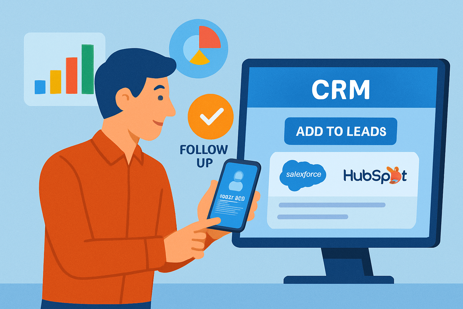 Sales team member adding leads from a digital card app directly to CRM (Salesforce or HubSpot UI visible)