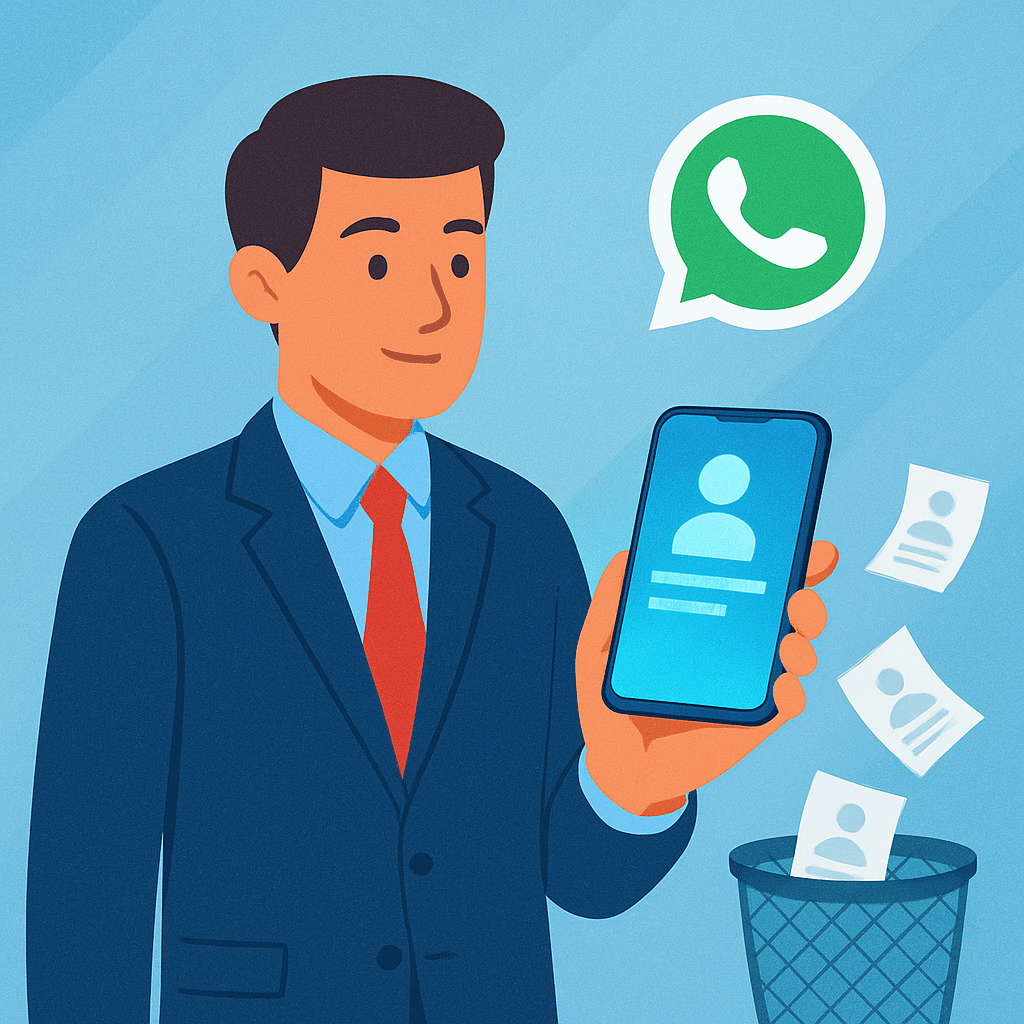 ChatGPT Image Aug 7, 2025, 08_29_28 PM Modern businessperson holding a glowing digital card on a smartphone, with WhatsApp logo floating above. Paper business cards fly into a trash bin in the background. Bright, clean, tech-focused style.
