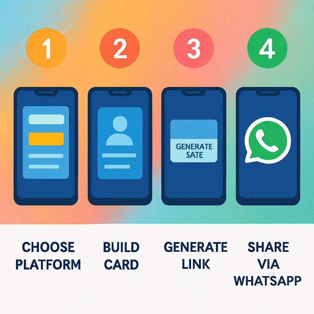 ChatGPT Image Aug 7, 2025, 08_32_30 PM Four-step infographic: (1) Choose platform, (2) Build card, (3) Generate link, (4) Share via WhatsApp. Each step illustrated on a smartphone in sequence.