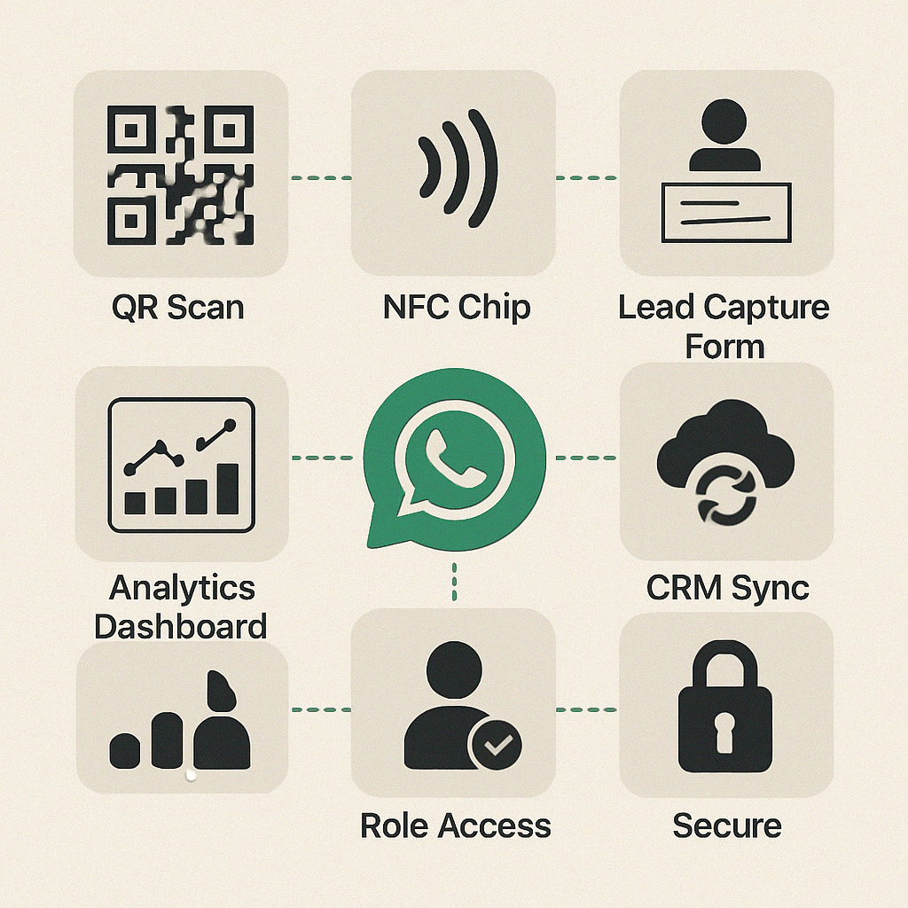ChatGPT Image Aug 7, 2025, 09_40_13 PM Grid of digital card features: QR scan, NFC chip, lead capture form, analytics dashboard, CRM sync, role access, secure lock icon — all connected to WhatsApp chat lines