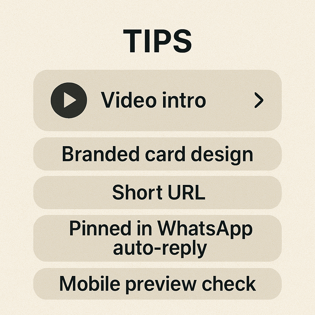 ChatGPT Image Aug 7, 2025, 09_46_13 PM Carousel-style visual with rotating tips: video intro, branded card design, short URL, pinned in WhatsApp auto-reply, mobile preview check.
