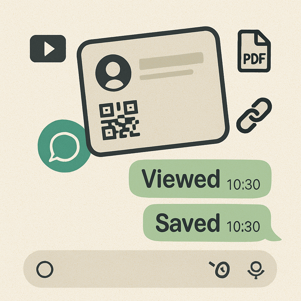 ChatGPT Image Aug 7, 2025, 09_53_46 PM A sleek digital card being dropped into a WhatsApp chat. Chat bubbles show the card being viewed and saved, with icons for video, PDF, link, and phone number surrounding it.