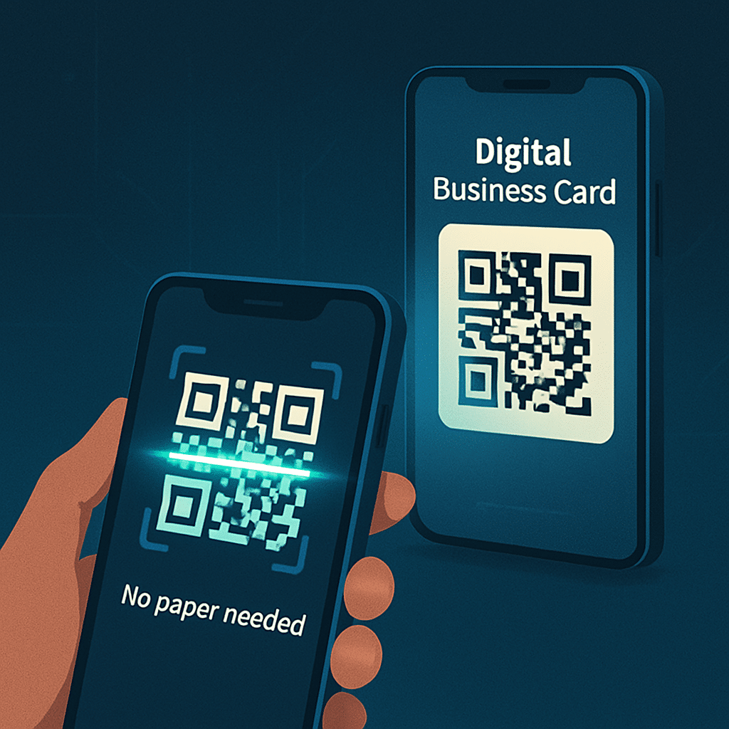 Digital business card on phone screen, being scanned by another phone. QR code glowing. ‘No paper needed’ tagline in clean futuristic style