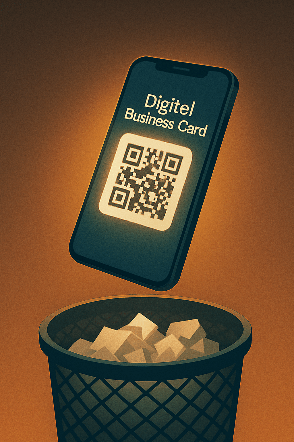 ChatGPT Image Aug 8, 2025, 08_14_00 PM A sleek digital business card glowing on a smartphone, floating above a trash bin filled with crumpled paper cards. Modern, tech-forward style, warm lighting, minimal UI.