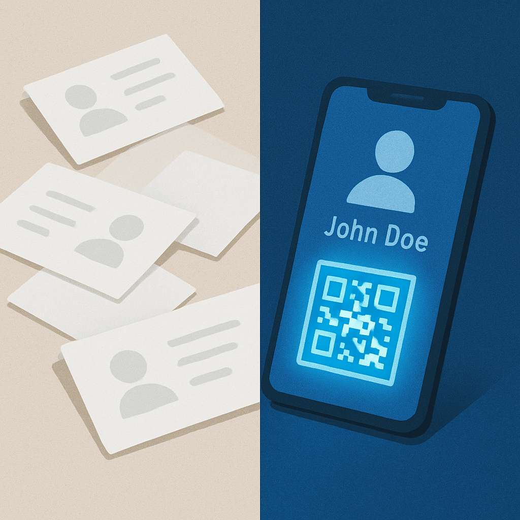 ChatGPT Image Aug 8, 2025, 08_17_37 PM A split-screen visual: left side shows tossed paper cards scattered on a desk; right side shows a smartphone screen with a sharp, animated digital card, QR code glowing