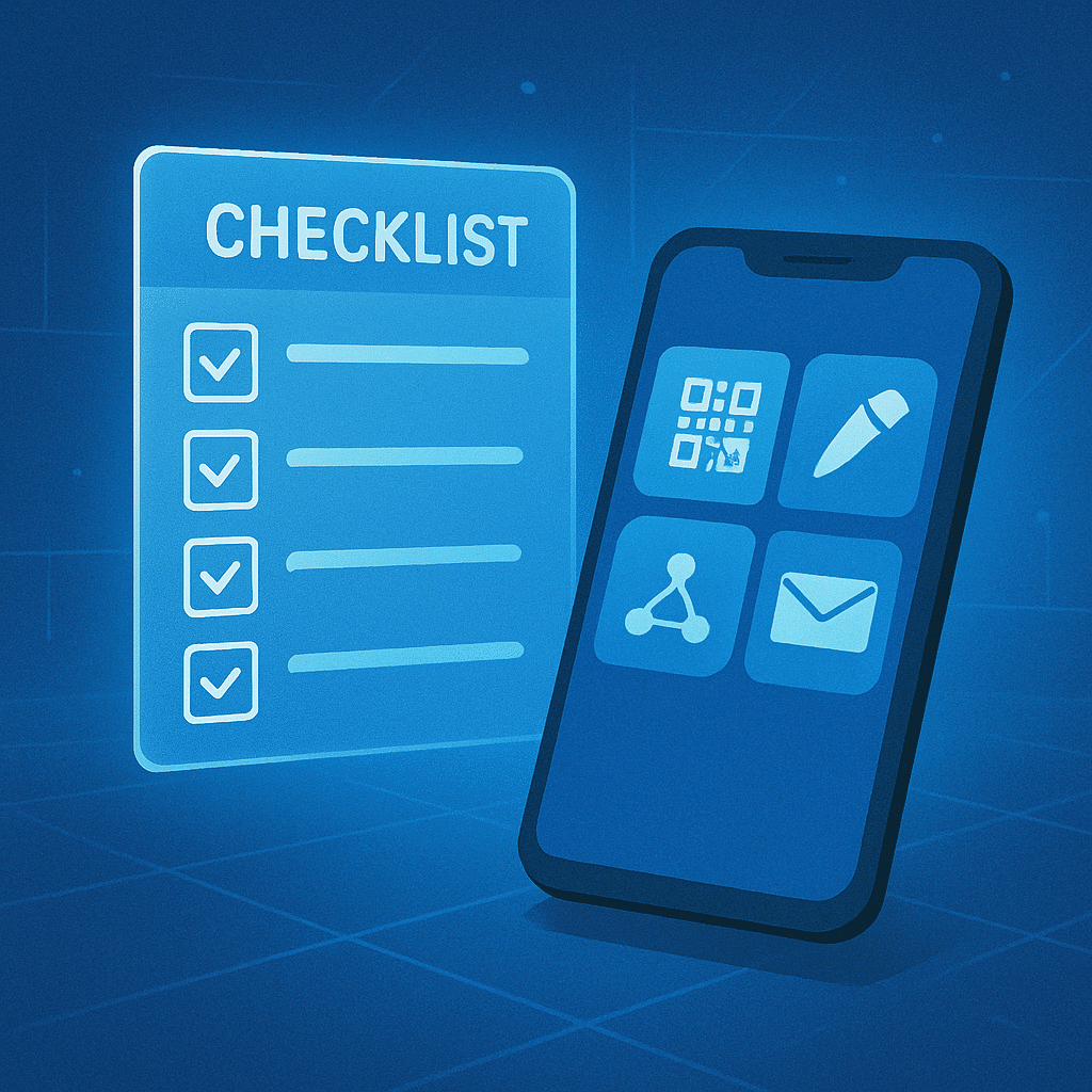 ChatGPT Image Aug 8, 2025, 08_19_29 PM A floating checklist beside a smartphone with icons for QR code, branding, CRM sync, and email signature. Futuristic UI. Blue-toned digital environment.
