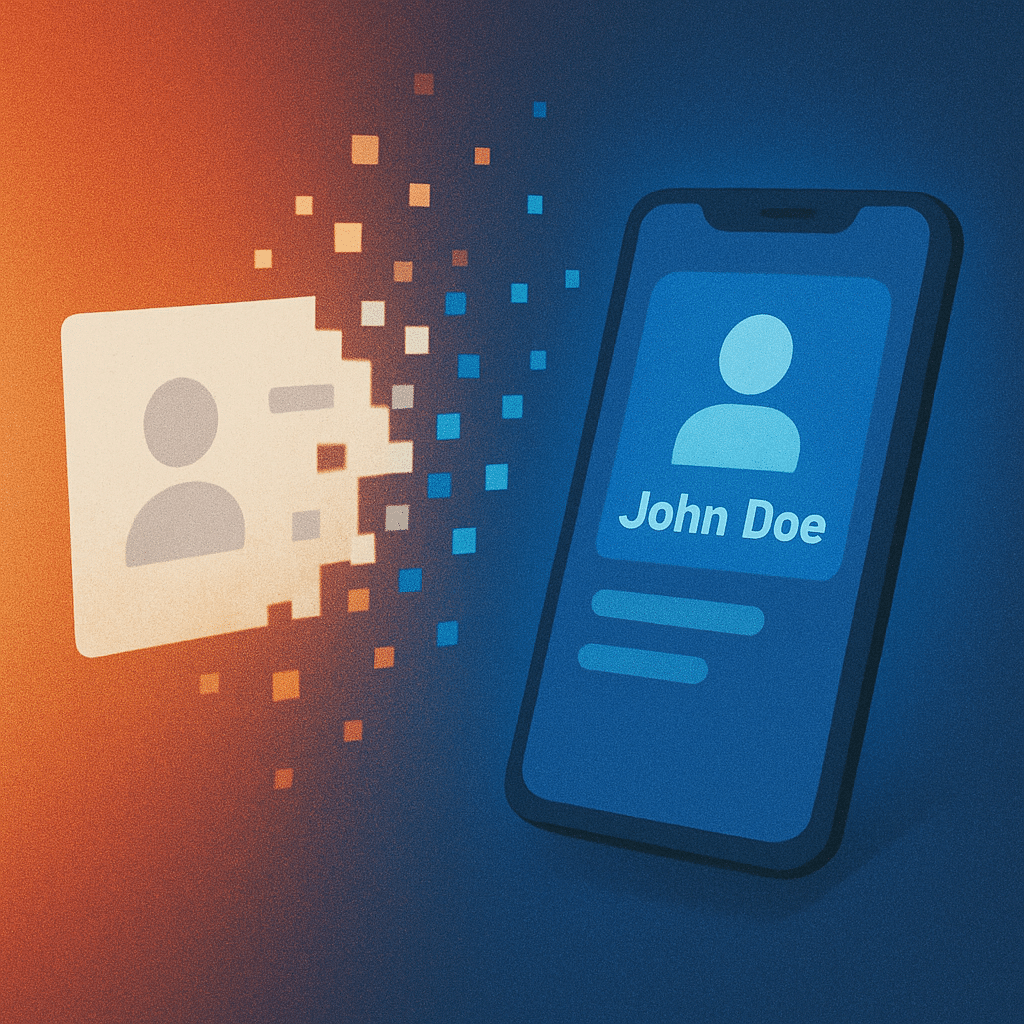 ChatGPT Image Aug 8, 2025, 08_21_46 PM A dramatic scene with a paper card dissolving into pixels and reforming into a polished digital version floating on a smartphone.