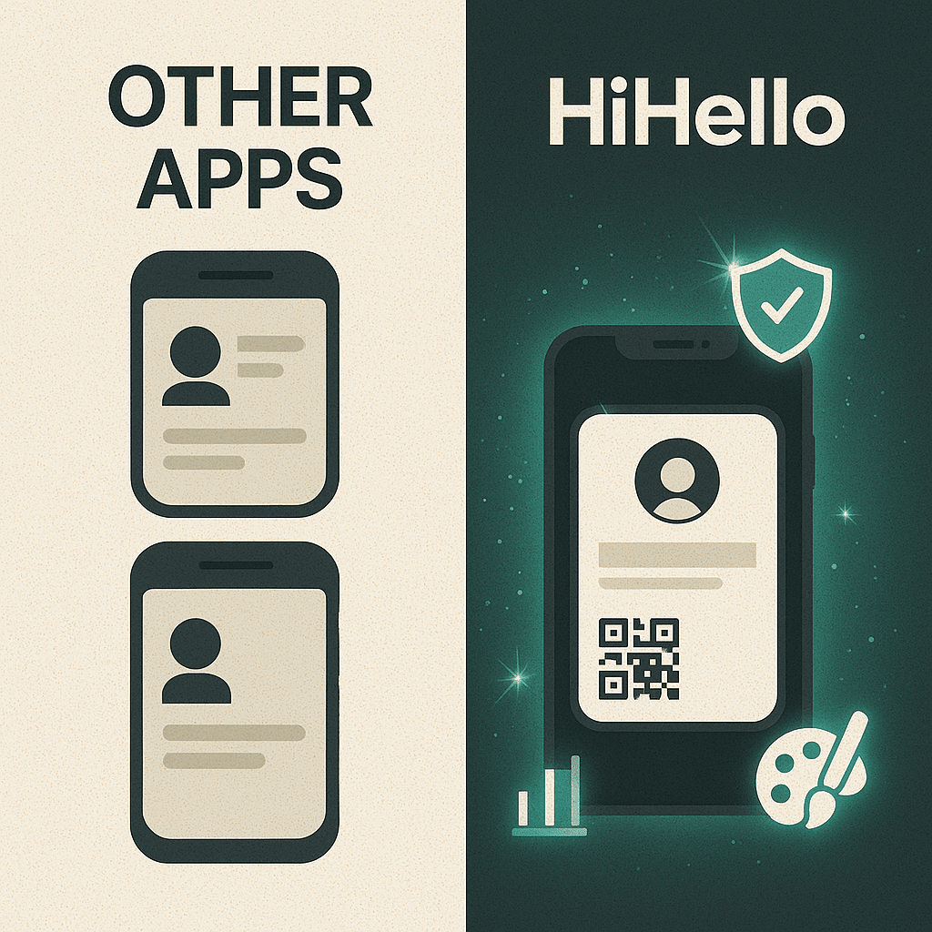 Split-screen: left side showing generic, clunky digital card apps; right side showing a beautifully designed HiHello card on a phone with analytics and branding tools glowing around it.