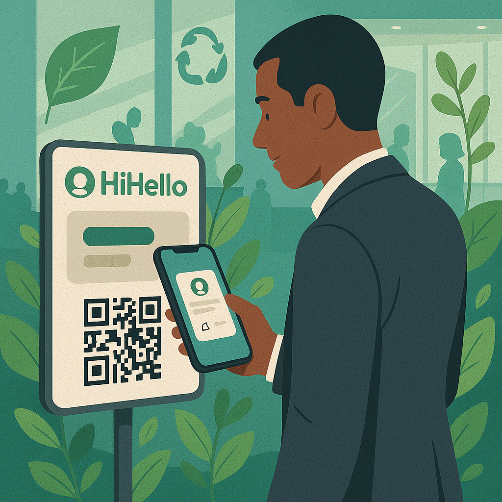 A business professional networking at a conference, scanning a HiHello QR code while green leaves and eco-icons emphasize sustainability.