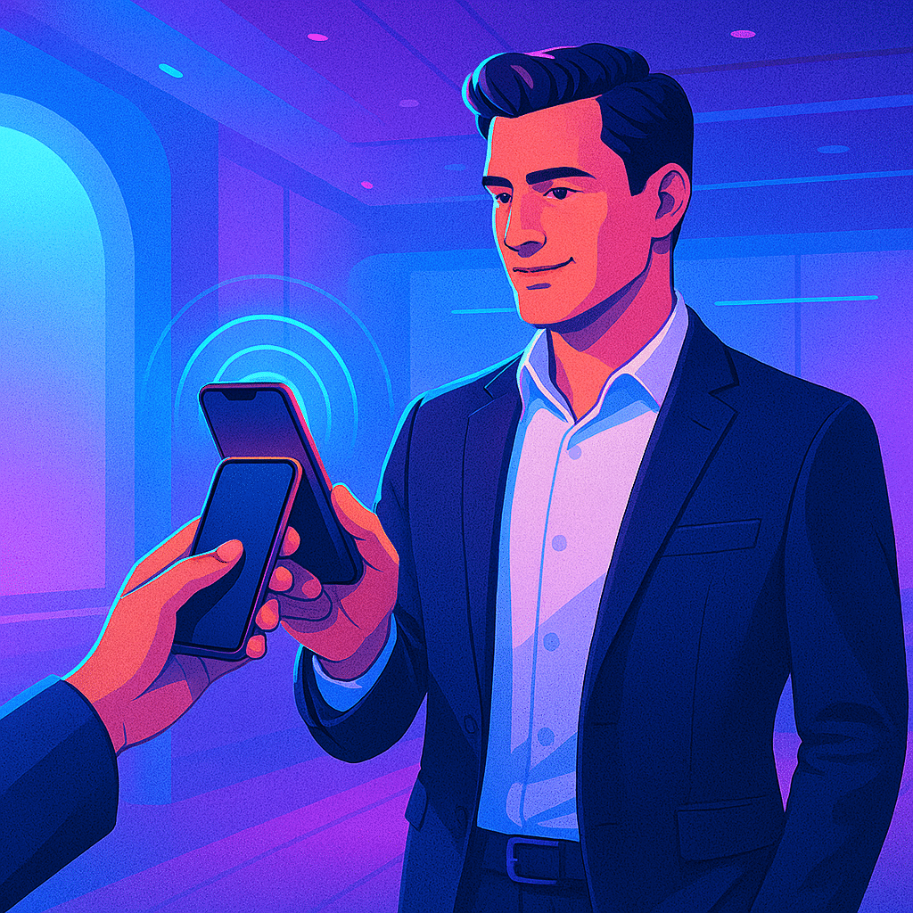 ChatGPT Image Aug 9, 2025, 09_37_03 PM confident professional holding a smartphone, tapping it against another phone, instant contact sharing animation glowing between them,
