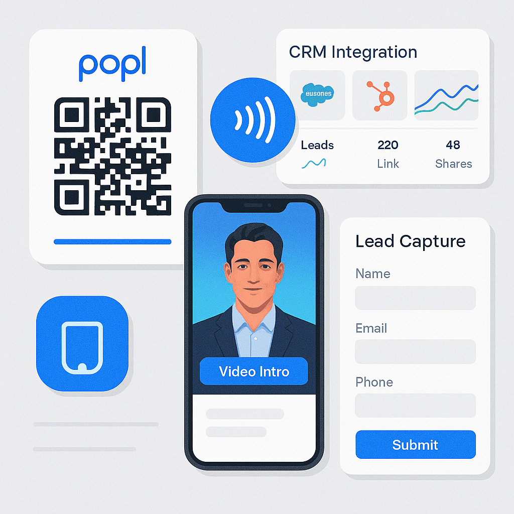 ChatGPT Image Aug 9, 2025, 09_48_42 PM Collage-style image showing Popl app features: QR codes, NFC tap icon, video intro screen, CRM integration dashboard, lead capture form — all floating in a clean digital workspace aesthetic