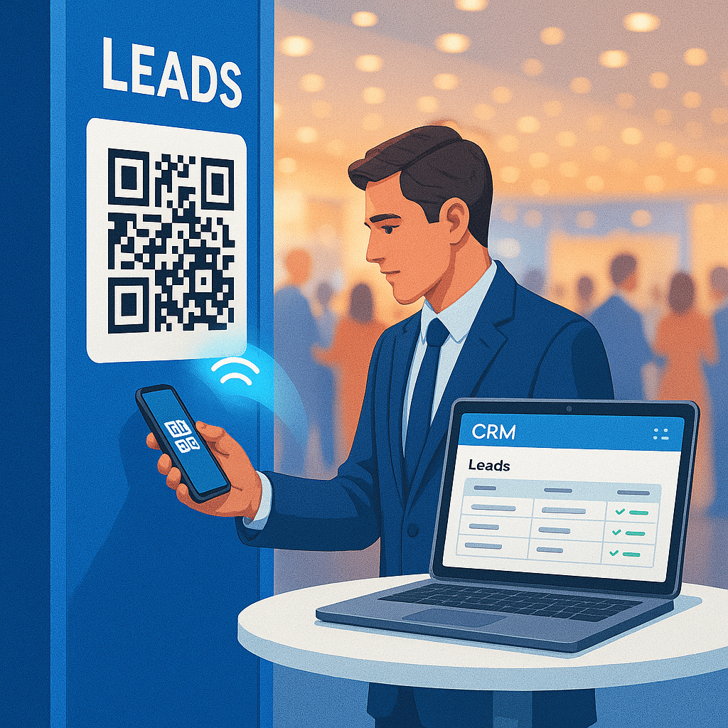 ChatGPT Image Aug 9, 2025, 10_03_57 PM A business professional at a trade show booth, scanning a QR code on their phone, leads automatically flowing into a laptop CRM dashboard in the background, bright and dynamic business atmosphere"