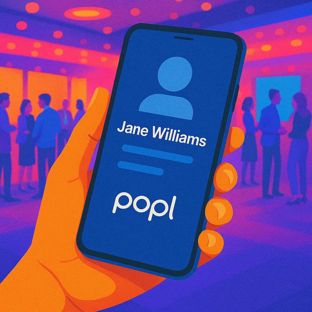 ChatGPT Image Aug 9, 2025, 10_10_06 PM Hand holding a smartphone with the Popl app open, one-handed use on an event floor filled with people networking, vibrant and modern design
