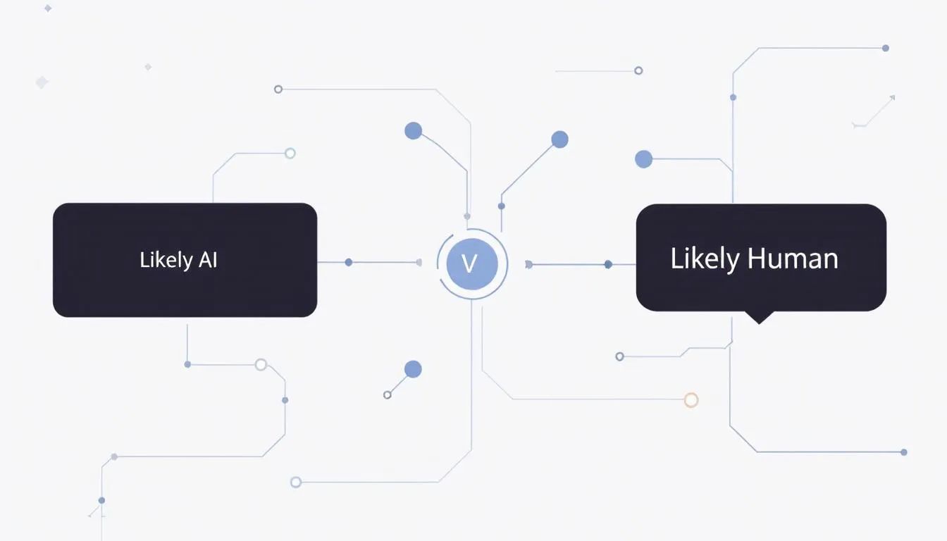 How does ZeroGPT even work An infographic flowchart illustrates the process of an AI detection tool, showing a text input box leading to algorithms scanning the text and producing a result output of “Likely AI / Likely Human.”