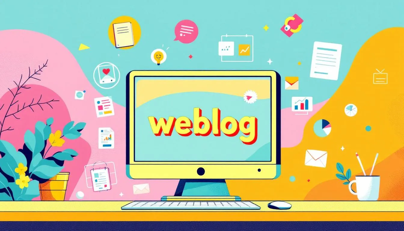 definiation of blog A retro computer screen displays the word "weblog" transforming into "blog," surrounded by colorful icons representing diaries, news articles, and business charts, illustrating the evolution of personal blogs and their role as a content marketing tool for blog owners. This editorial flat illustration captures the essence of blogs as platforms for sharing personal stories and relevant content with a target audience.