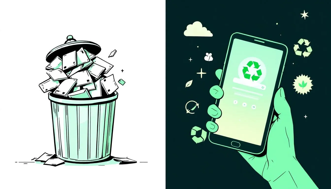 In this split illustration, the left side depicts a pile of wasted paper business cards discarded in a trash bin, while the right side features a glowing eco-friendly digital business card displayed on a phone screen, adorned with sustainability icons such as a leaf and a recycle symbol, representing a modern digital solution for networking events.