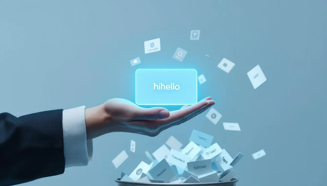 hand holds a glowing Hihello digital business card while old paper business cards fall into a trash bin