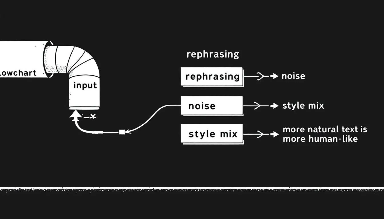 how undetectable ai works In this illustration, a lowchart machine is depicted where text enters on one side, undergoes processes labeled “rephrasing, noise, style mix,” and exits as more natural, human-like text, showcasing the capabilities of AI writing tools to create undetectable AI content. The modern editorial style emphasizes the transformation from AI-generated text to human-written content.