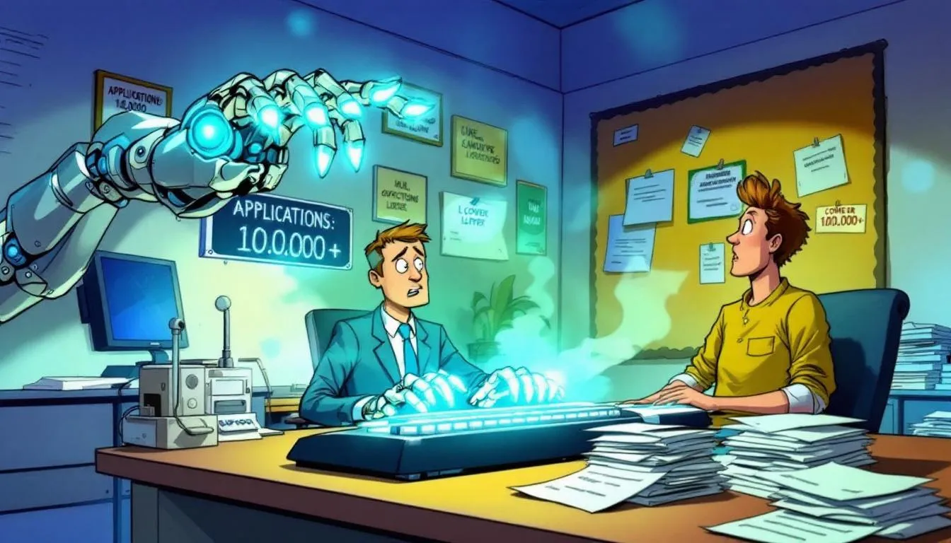 job application bot feature A robotic hand is typing out glowing cover letters, while a surprised recruiter at a desk watches as stacks of identical applications pile up, highlighting the absurdity of AI writing tools and their potential to bypass AI detection tools.