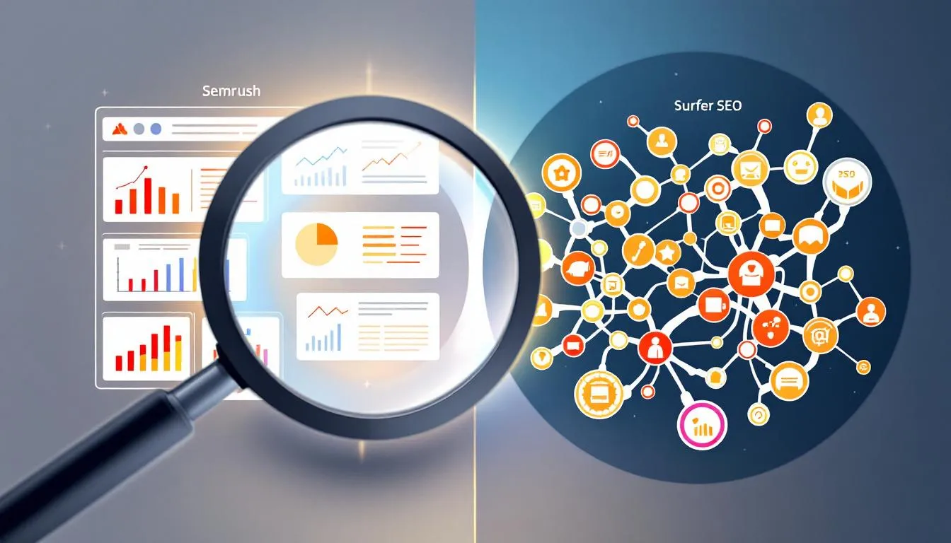 A magnifying glass hovers over a glowing keyword map, contrasting "Semrush" with extensive database charts on one side and "Surfer SEO" featuring semantic clusters on the other, depicted in a clean infographic style. This image highlights the tools' keyword research capabilities and their roles in content optimization and SEO strategy.
