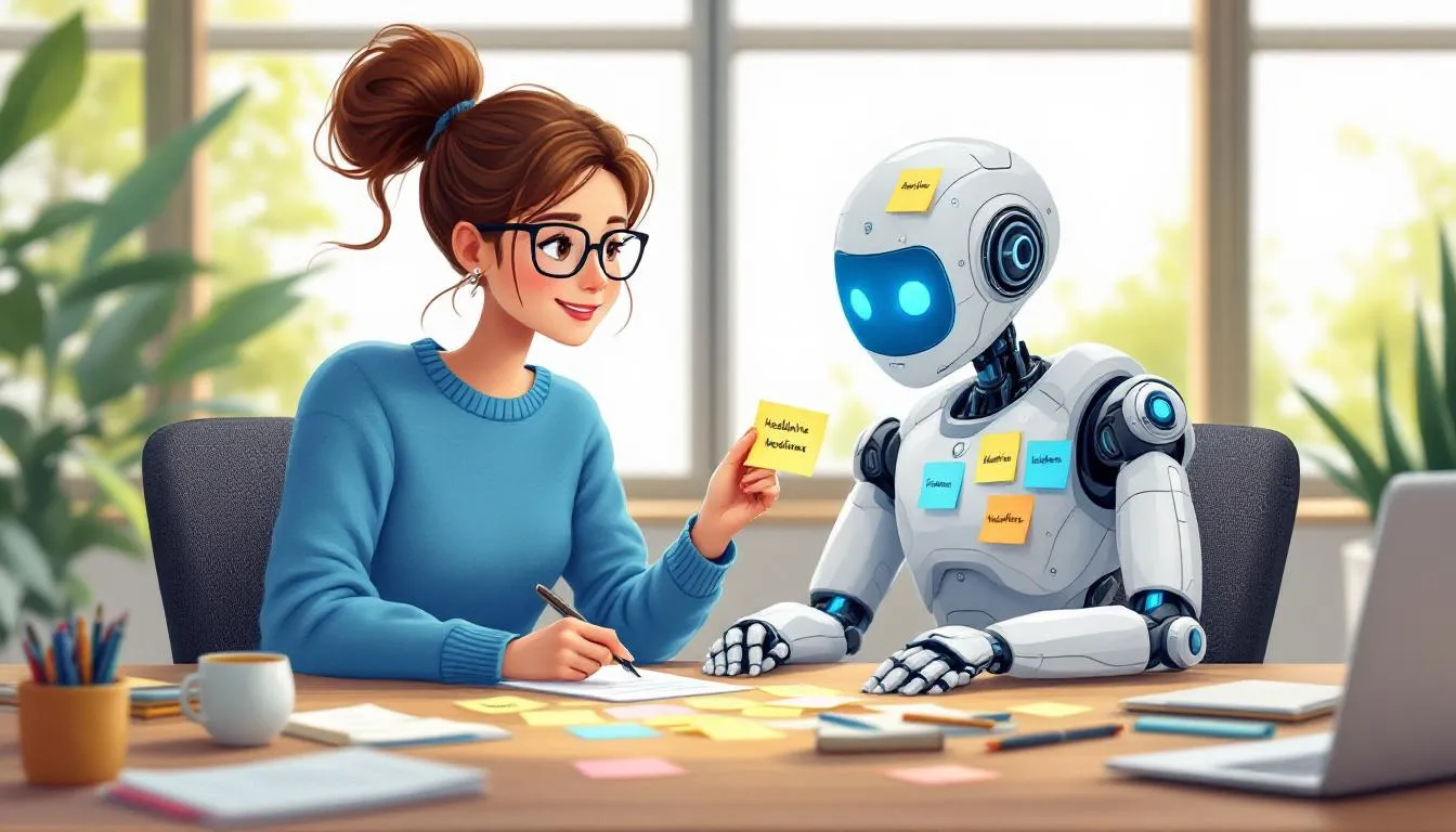 robot and human are sitting together a friendly AI robot and a human are sitting together at a desk, brainstorming engaging titles on colorful sticky notes.