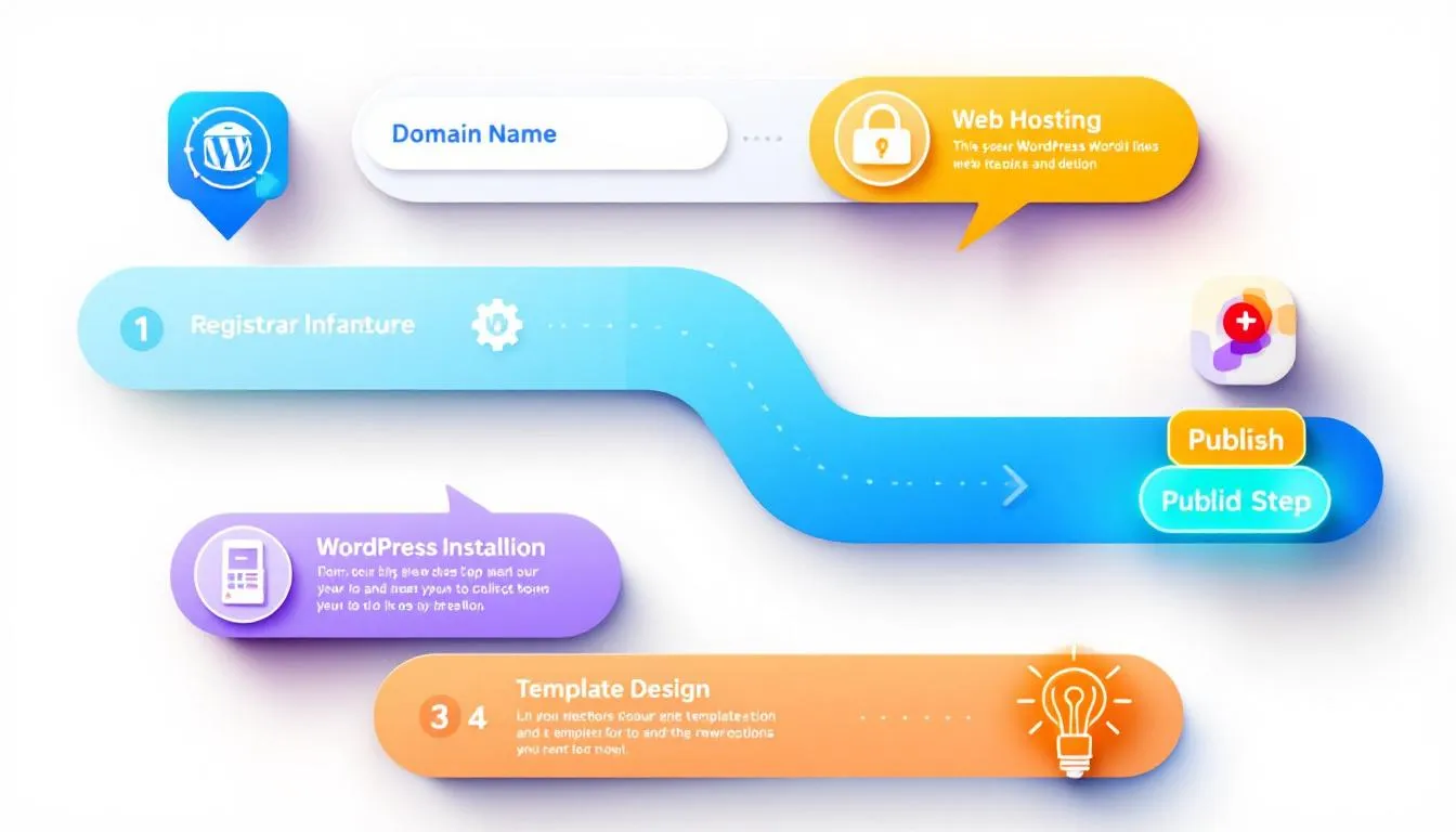 starting your own blog This colorful infographic illustrates a playful step-by-step roadmap for creating a blog, featuring key elements such as selecting a domain name, securing hosting, installing WordPress, designing a template, and a glowing "publish" button, guiding blog owners through the publishing process for their personal blogs. The vibrant design emphasizes the importance of each stage in launching a successful blog that attracts website traffic and engages a target audience.