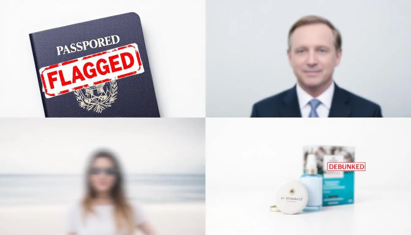 use case of ai image detectors ollage of scenarios: fake passport flagged, political campaign photo exposed, fake beach influencer post debunked, marketplace product photo caught as AI