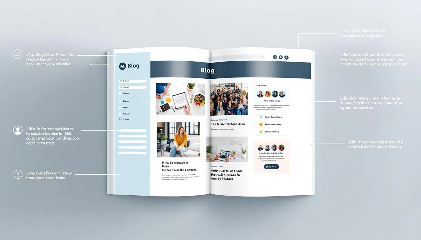 what is blogpost The image depicts a cheerful infographic-style mockup of a webpage layout, showcasing the key components of a blog, including a highlighted header, sidebar, content body, and footer. This visual representation illustrates the structure of a typical blog, emphasizing elements that blog owners use to attract their target audience and enhance website traffic.