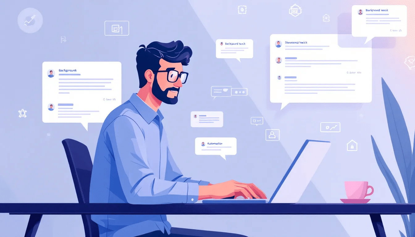 founder engaging with a design/dev community online generate image [Flat illustration of a founder engaging with a design/dev community online, responding to feature requests while icons like “Background tweak,” “Shadows,” and “Automation” float around.