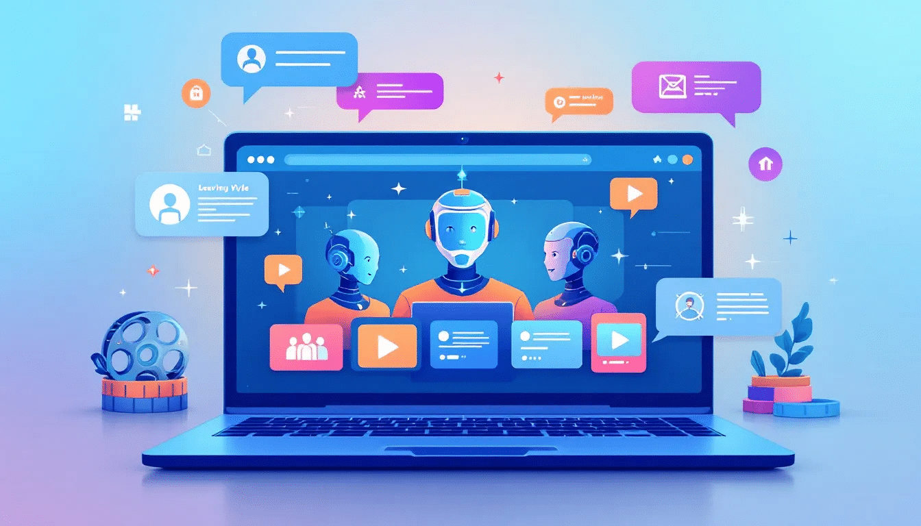 laptop screen with AI avatars generating user-style content A flat-style digital illustration showing a laptop screen with AI avatars generating user-style content, surrounded by product icons, video reels, and speech bubbles.
