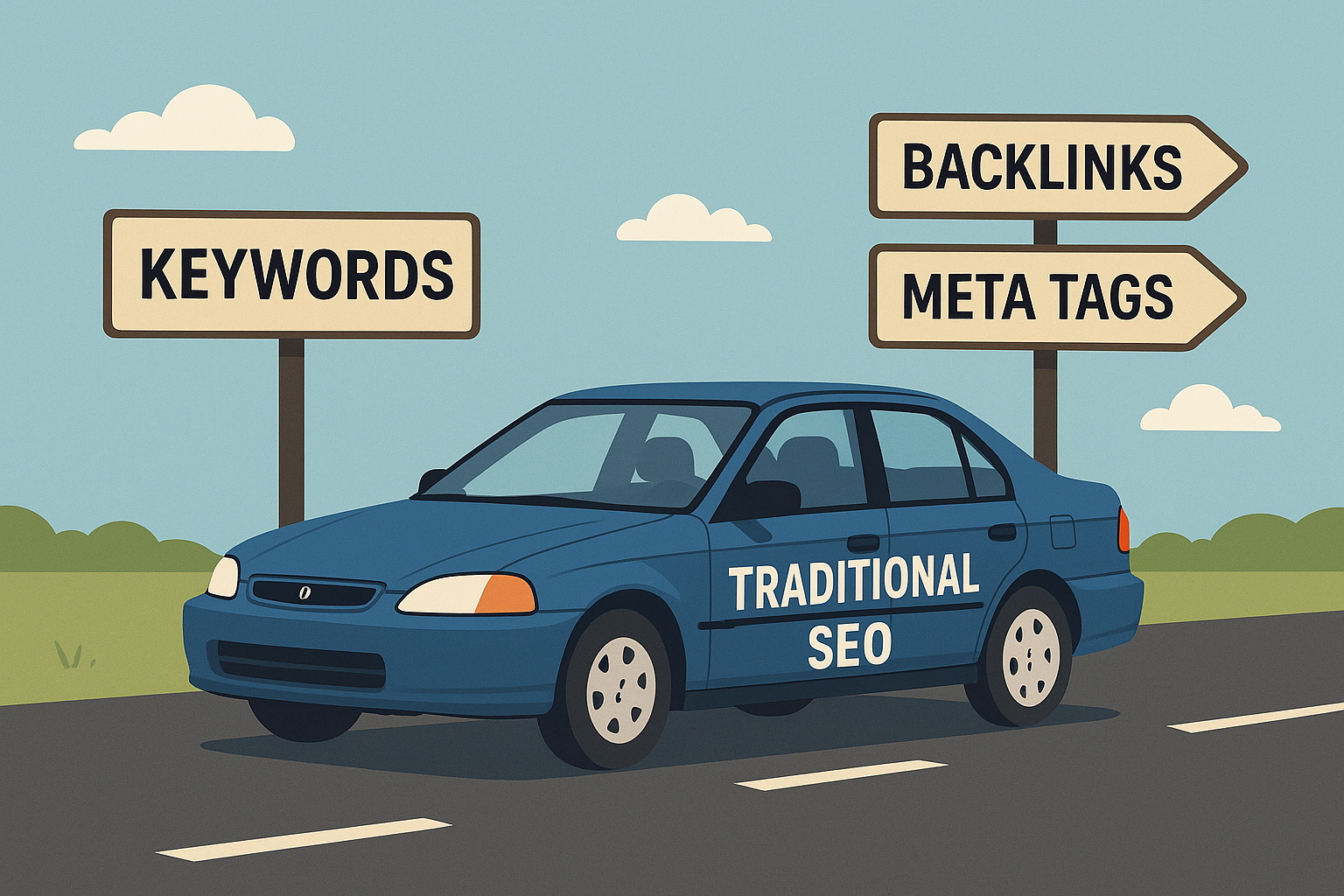 ChatGPT Image Sep 1, 2025, 03_27_54 PM old reliable Honda Civic labeled “Traditional SEO,” driving on a regular road with signboards showing “Keywords, Backlinks, Meta Tags,