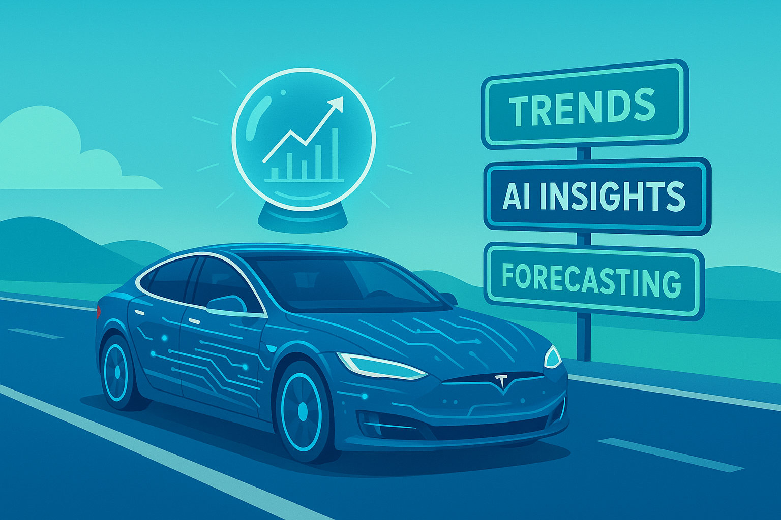 ChatGPT Image Sep 1, 2025, 03_34_35 PM futuristic self-driving Tesla glowing with data projections, road signs showing “Trends, AI Insights, Forecasting,” digital crystal ball above the car,