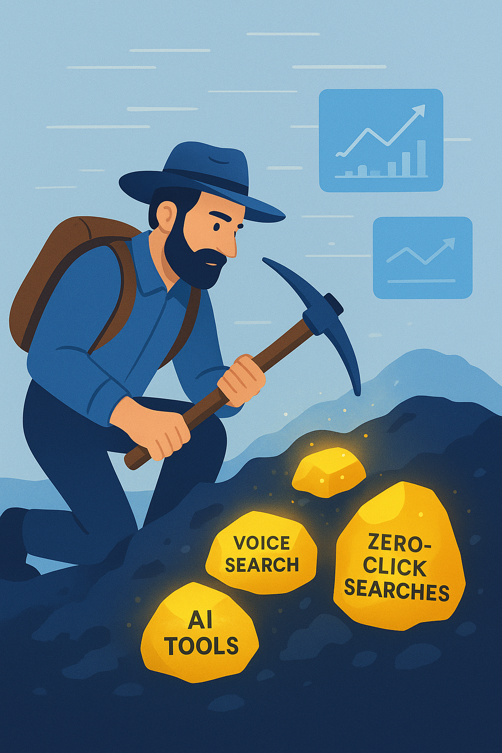 ChatGPT Image Sep 1, 2025, 05_47_55 PM prospector with data-mining tools digging digital “gold nuggets” labeled “Voice Search,” “AI Tools,” “Zero-Click Searches,”
