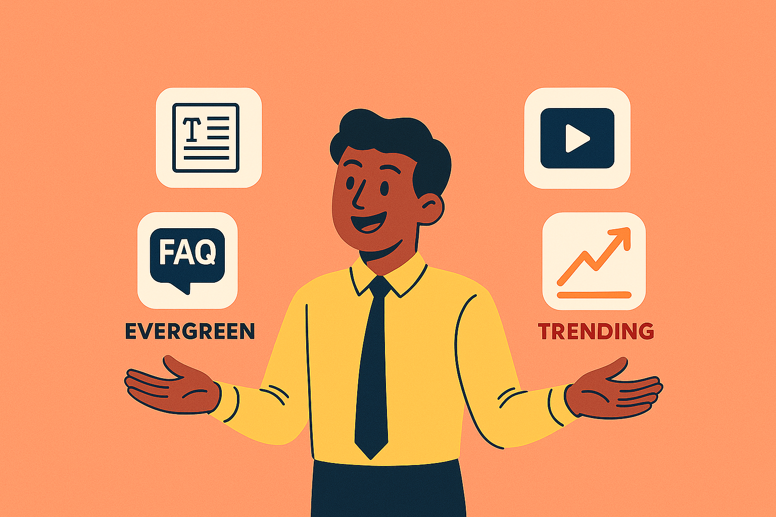 ChatGPT Image Sep 1, 2025, 05_59_34 PM marketer juggling icons: blog post, video, FAQ snippet, long-form article, balancing evergreen content + trending spikes