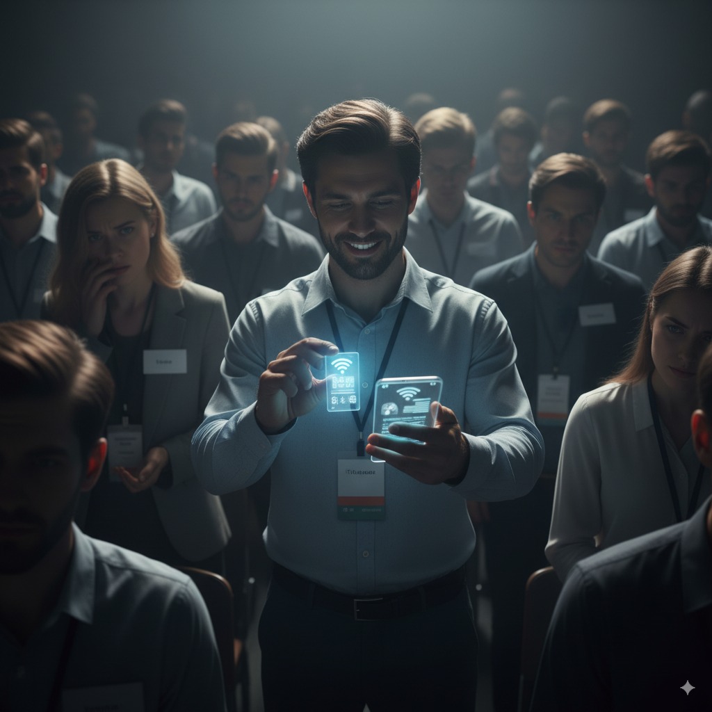 Generated Image September 06, 2025 - 10_06AM Crowded event hall where attendees wear plain paper name tags, looking frustrated. In contrast, one person uses a glowing futuristic NFC badge, tapping it on a phone. Futuristic vs outdated technology