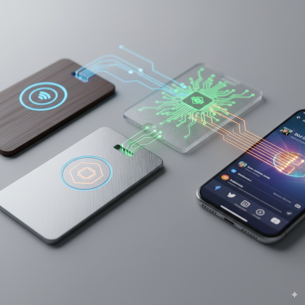 Generated Image September 06, 2025 - 10_10AM Close-up of a sleek NFC badge made of plastic, wood, and metal variations, each glowing faintly with a chip icon inside. A smartphone next to it showing instant data transfer via holographic lines.