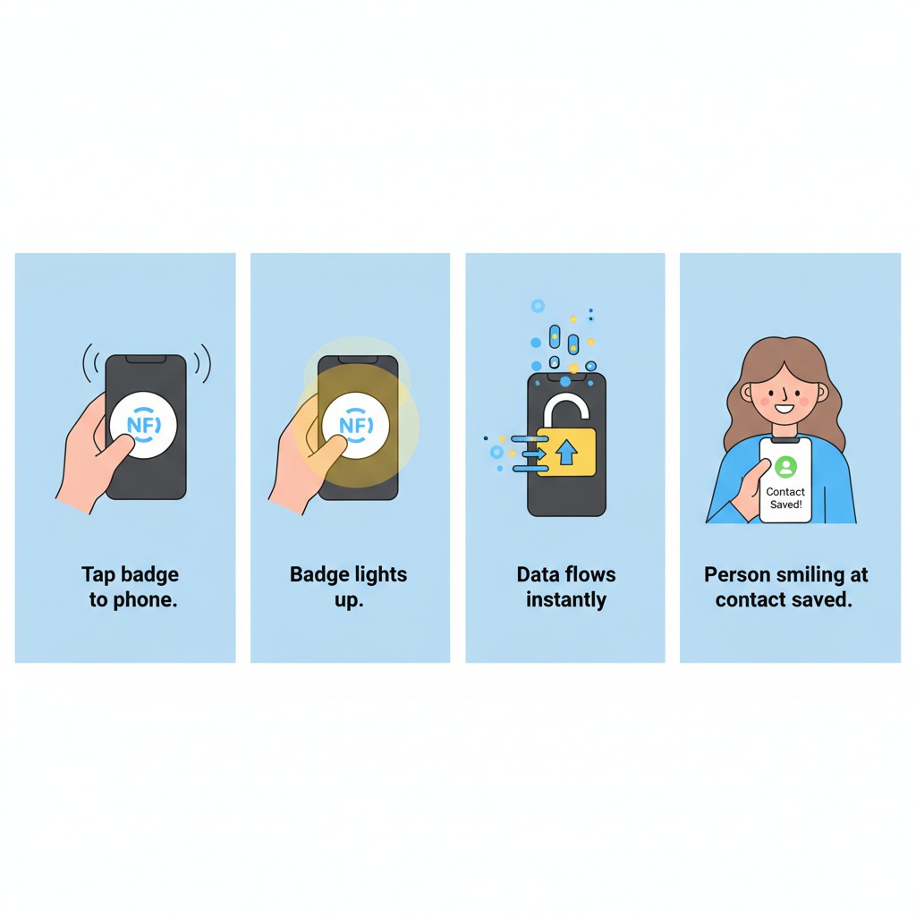 Generated Image September 06, 2025 - 10_12AM Step-by-step visual infographic showing: Tap badge to phone. Badge lights up. Data flows instantly. Person smiling at contact saved.