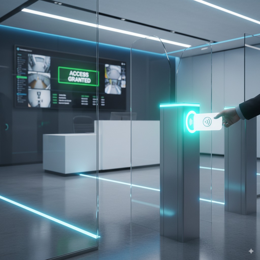 Generated Image September 06, 2025 - 10_13AM Corporate office entry gate with a glowing NFC badge unlocking the door. Security system dashboard in background showing “Access Granted” with logs.