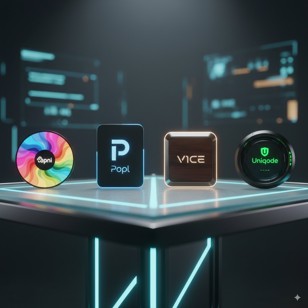 Generated Image September 06, 2025 - 10_14AM Four glowing NFC badge designs displayed on a futuristic showcase table. Each styled differently: Tapni = colorful customizable badge. Popl = modern sleek branding badge. V1CE = luxury wood/metal badge. Uniqode = enterprise-level secure badge.