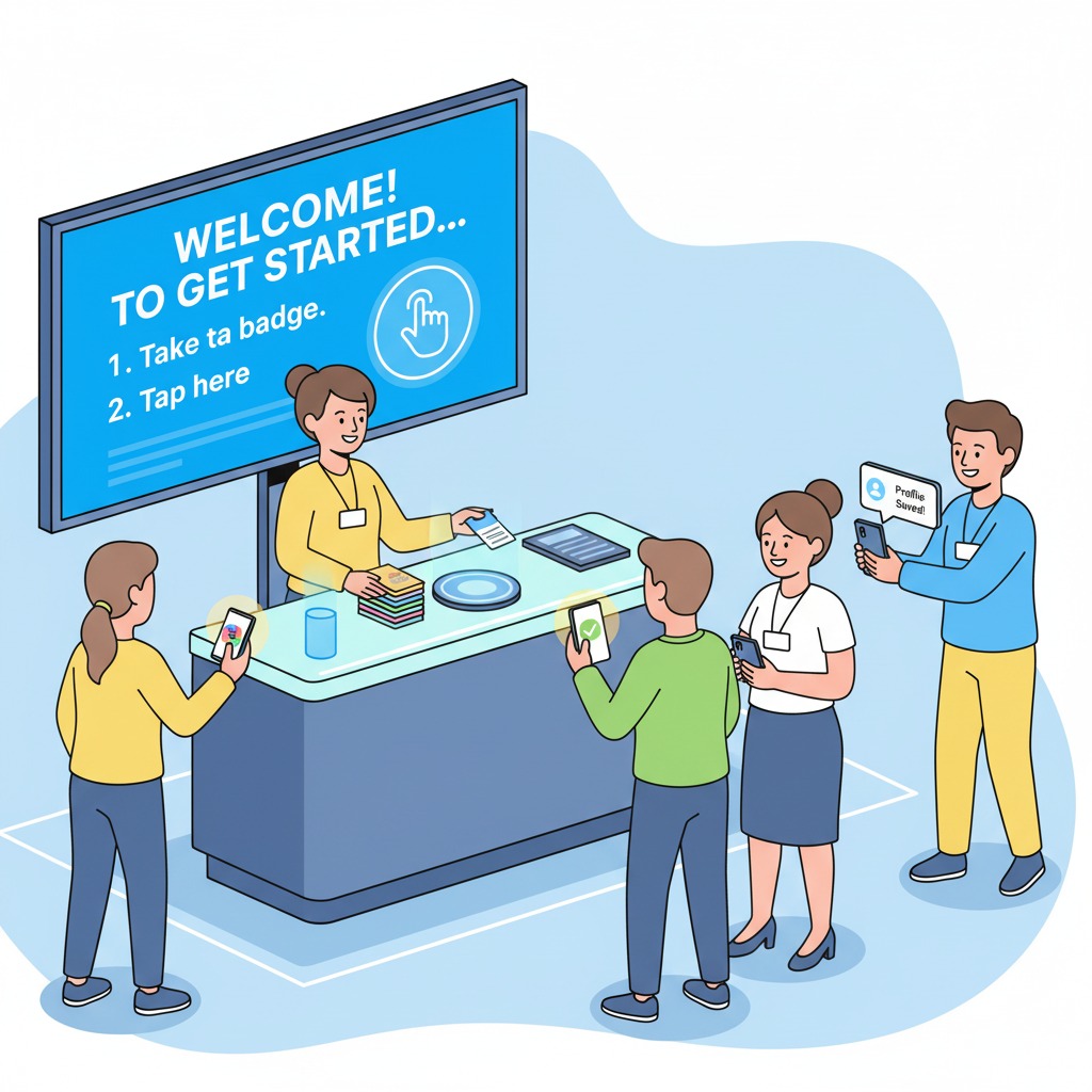 Generated Image September 06, 2025 - 10_16AM Event organizer handing NFC badges to attendees with instructions on a digital signboard: “Tap here.” Attendees testing badges on phones.