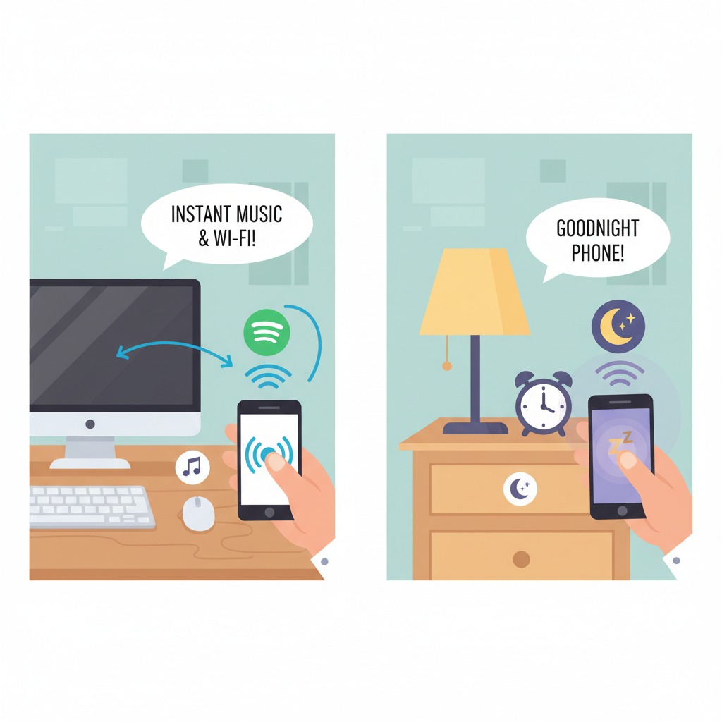 Desk setup with small round NFC stickers. Phone taps tag → instantly launches Spotify and Wi-Fi. Bedside table version: tap tag → phone goes to sleep mode.