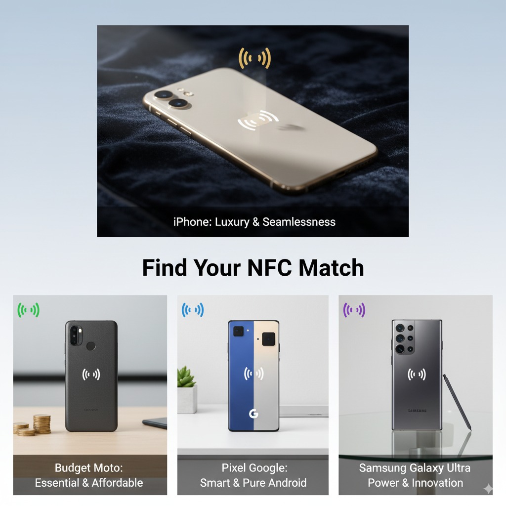 Comparison-style infographic: Budget Moto on left, Google Pixel in center, Samsung Galaxy Ultra on right, iPhone with luxury feel on top. Tagline: “Find Your NFC Match.”