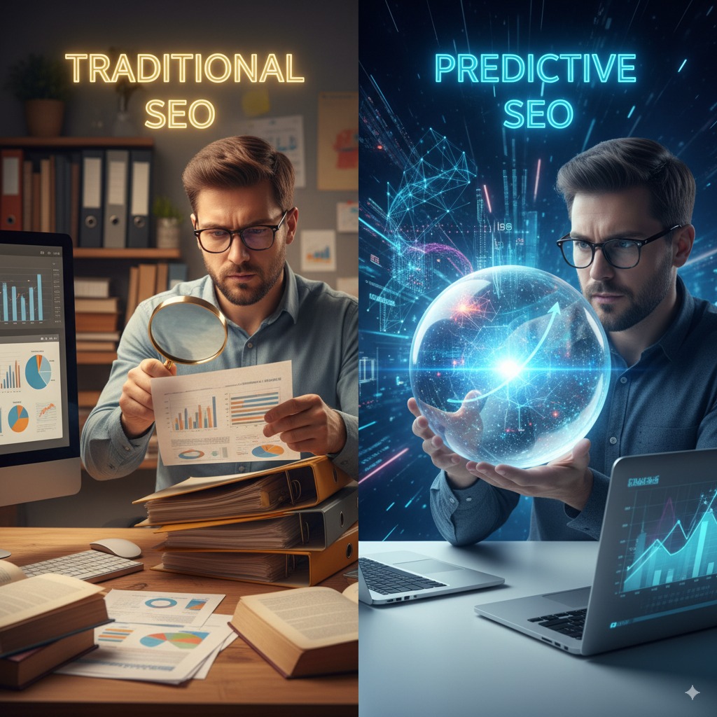 Balance scale — left side labeled “Traditional SEO” right side labeled “Predictive SEO” An image split into two distinct sections. On one side, represent 'Traditional SEO' with a person meticulously organizing physical files and documents, perhaps with a magnifying glass, focusing on current, visible data. On the other side, represent 'Predictive SEO' with a person looking into a crystal ball or a futuristic holographic display, showing abstract, flowing data patterns and future projections