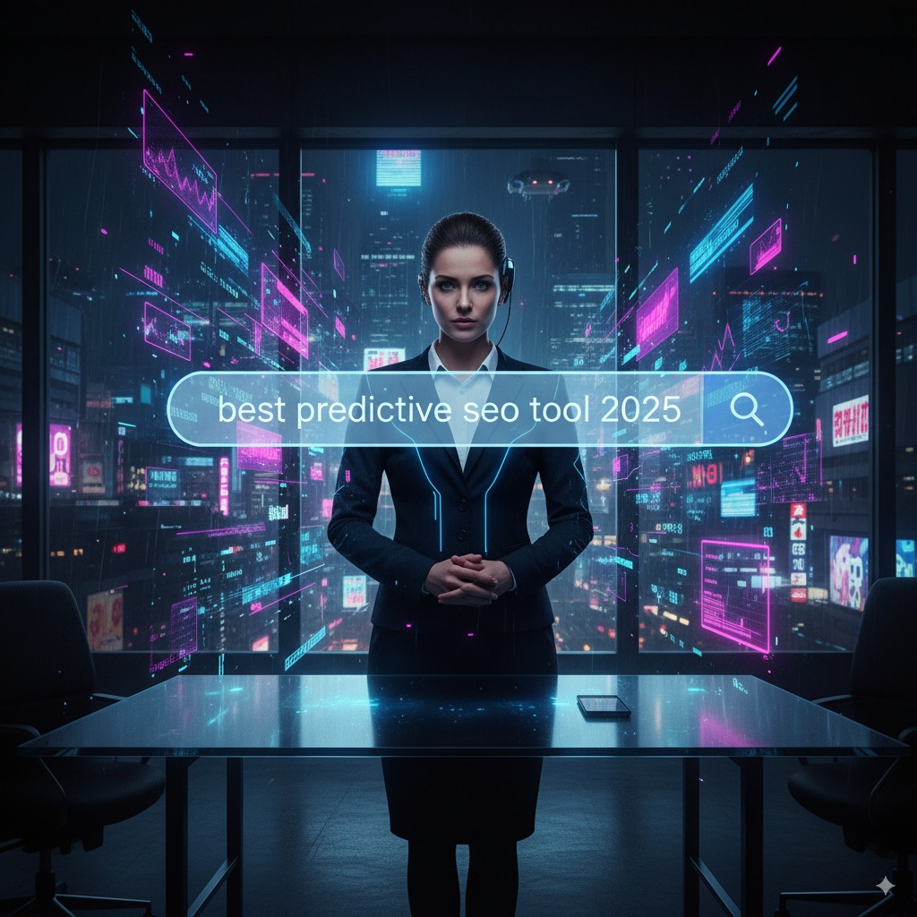 Futuristic marketer standing in front of a holographic Google search bar Futuristic marketer standing in front of a holographic Google search bar, glowing graphs rising, AI-powered data streams floating around, sleek digital workspace